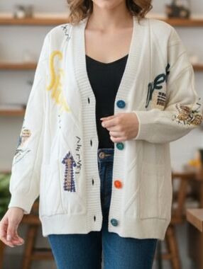 White Embroidered Button-Front Cardigan with Multicolored Buttons